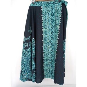 Vintage Talbots Wrap Skirt Women 14 Blue A-line Midi Floral Pure Silk Old Money